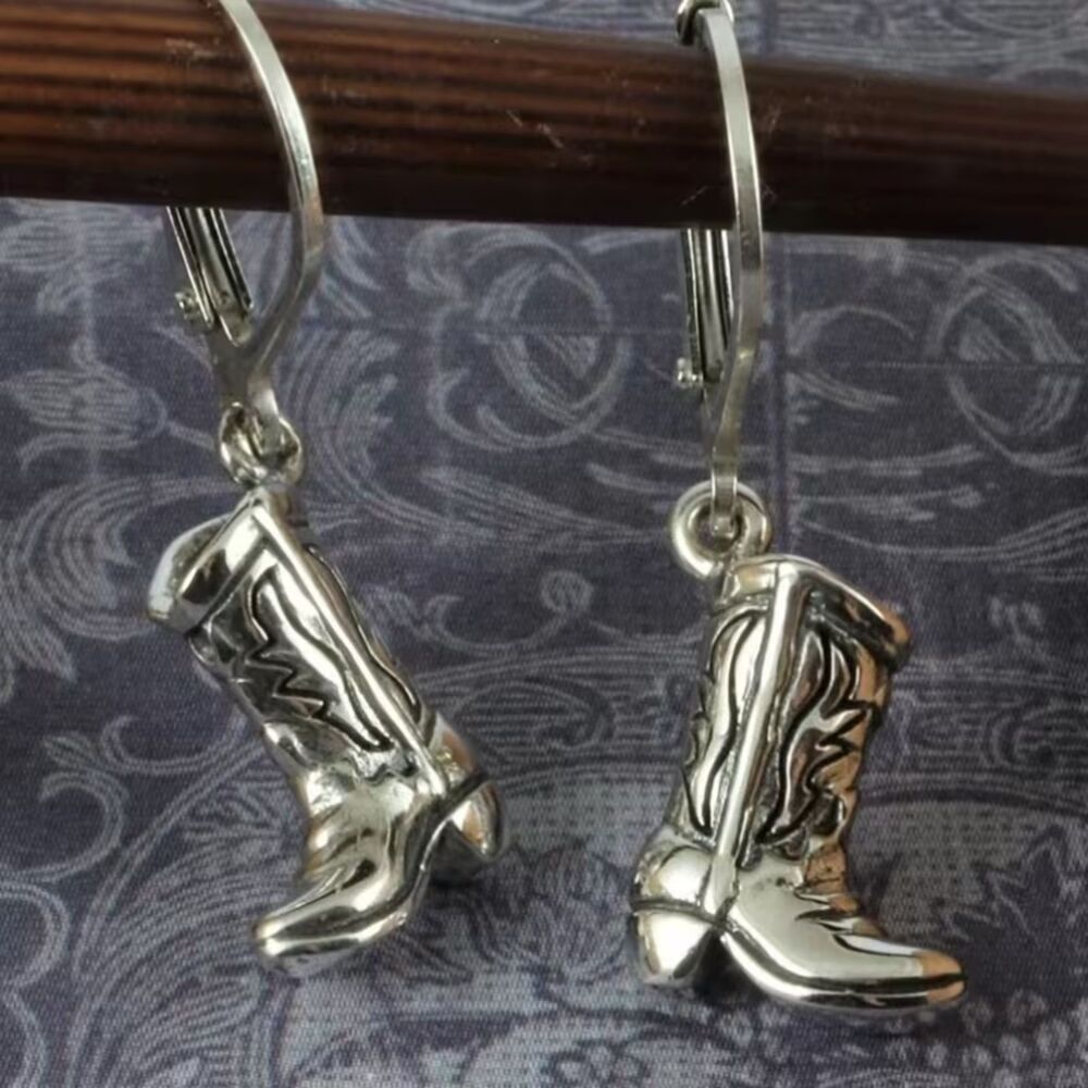 Handcrfted Silver Cowboy Boots Dangle Earrings Western Pendant Drop Charm Rustic - Picture 3 of 5